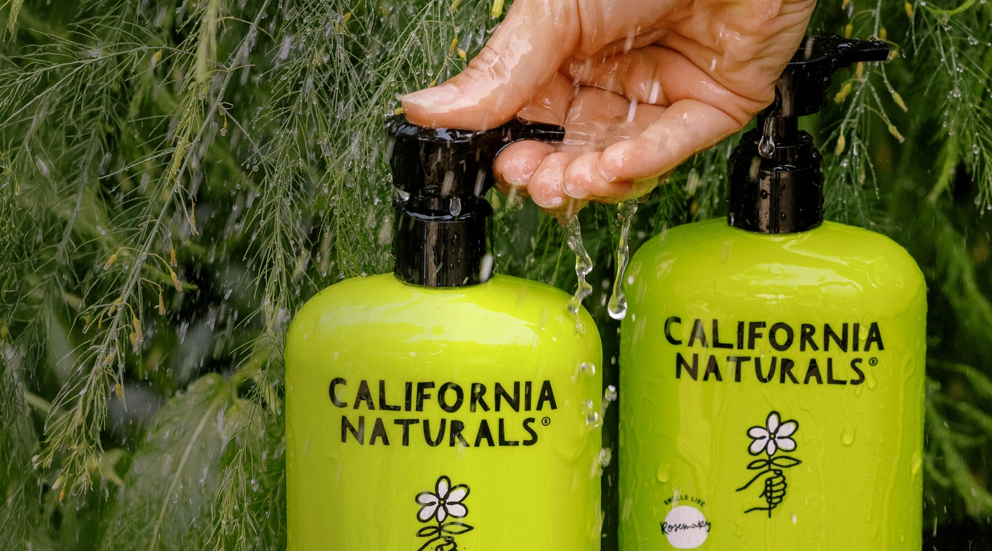 Hands pumping lime-green Re:GRO bottles in the grass