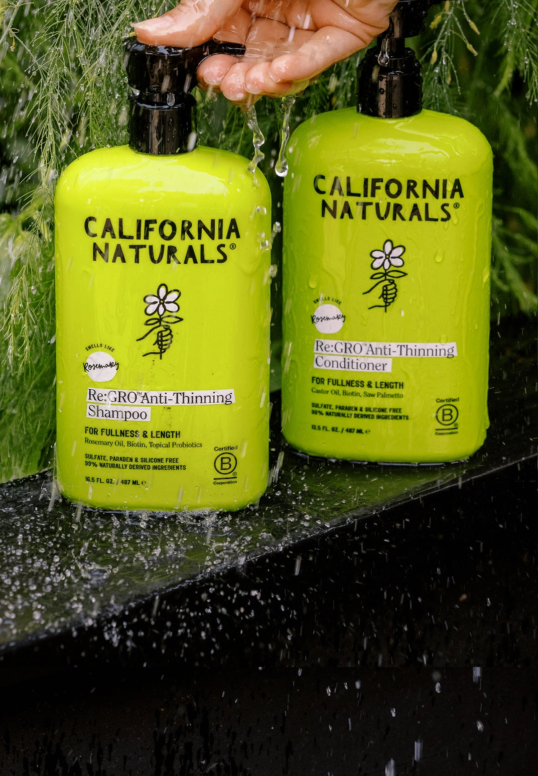 Lime-green Re:GRO bottles under running water